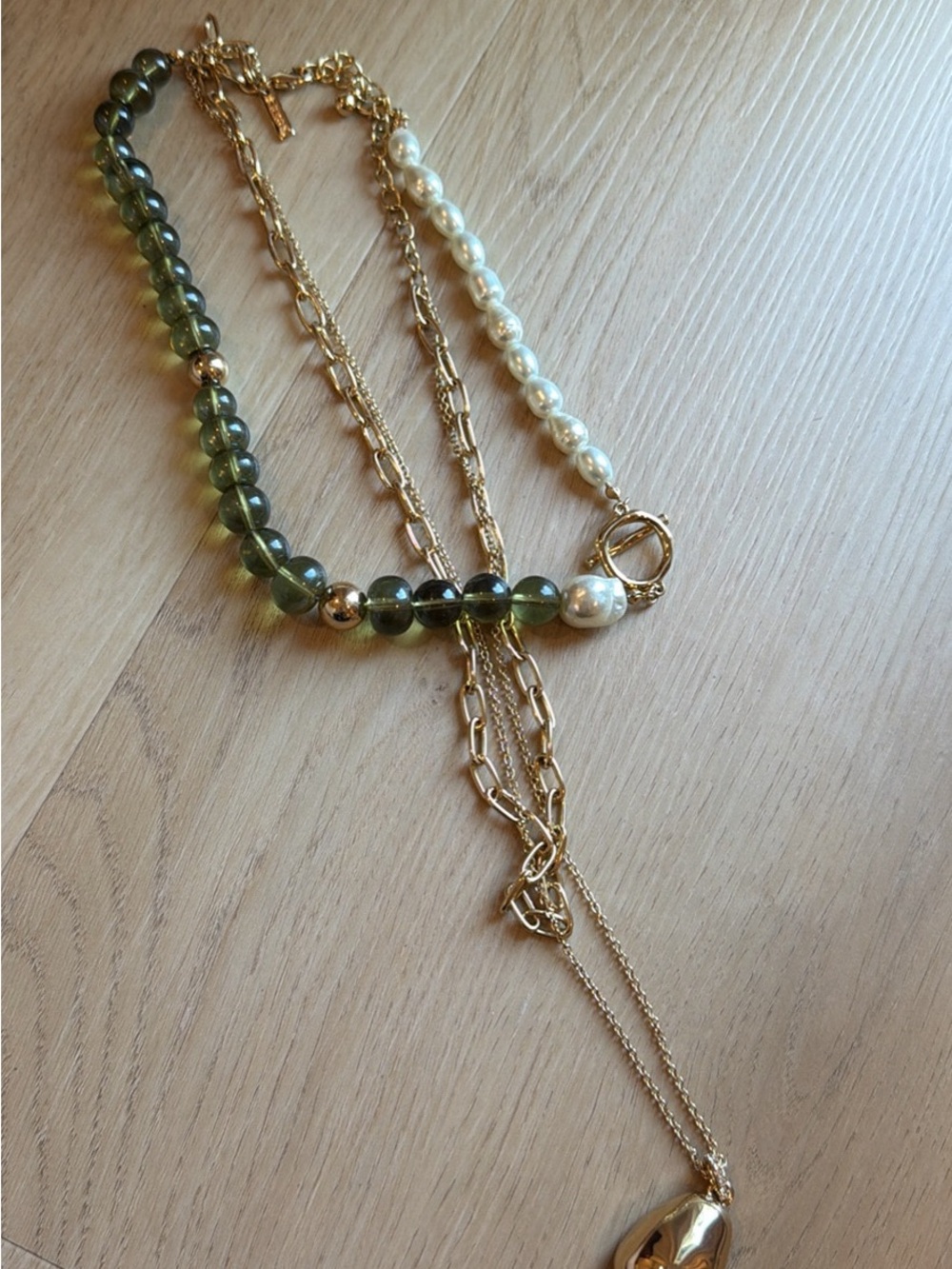 White House Black Market Gold Chain Necklace with Green Beads and Pearl Accents